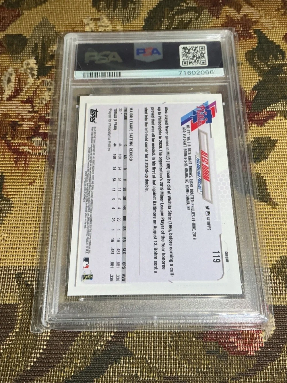 2021 Topps Chrome Baseball Alec Bohm #119 Graded PSA 10 MLB Rookie card